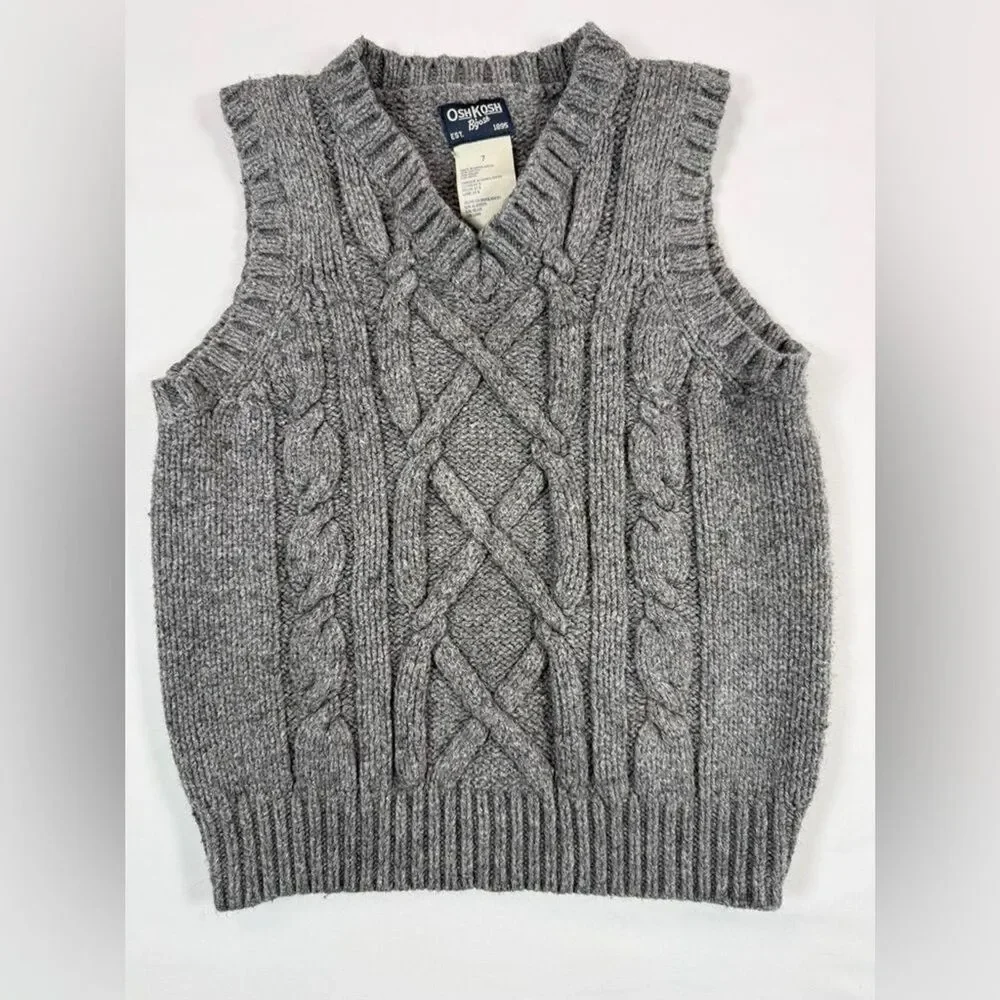 VINTAGE OSHKOSH B’GOSH Gray Cable Knit Sweater Vest Kids Size 7 Preppy Coastal
